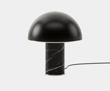 Close-up of the Laskasas Franklin Table Lamp with a Nero Marquina marble base and a curved black shade, showcasing luxurious modern design.