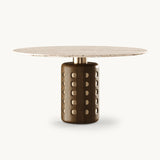 Mezzo Collection Marlon Dining Table, Travertino marble top, matte walnut and gold plated brass, available from Touched Interiors UK