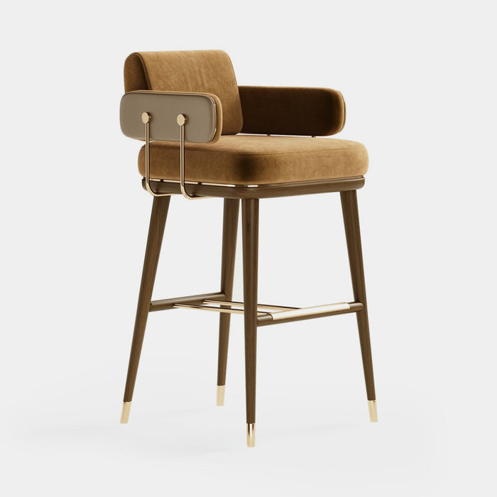 Mezzo Collection Memphis Bar Chair, JAB City Velvet CA 7832/221, matte walnut frame, polished brass, available from Touched Interiors UK