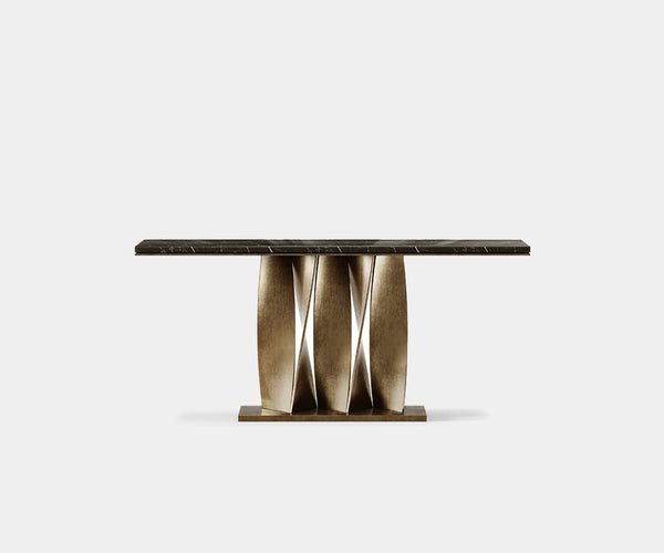 Helix Console: Modern Masterpiece in Aged Brass with Nero Marquina Marble Top.