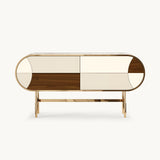 Mezzo Collection Retro Moryson Sideboard, matte walnut wood, glossy lacquered fronts, gold plated brass frame, available from Touched Interiors UK