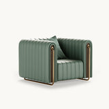 Mezzo Collection Rivers Armchair, Panaz Aston 110 Pacific fabric, matte walnut frame, polished brass, available from Touched Interiors UK