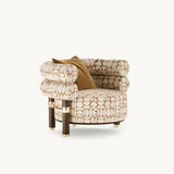Mezzo Collection Rogers Armchair, Lelievre Fjord Cognac 4260-04 fabric, matte walnut feet, polished brass, available from Touched Interiors UK