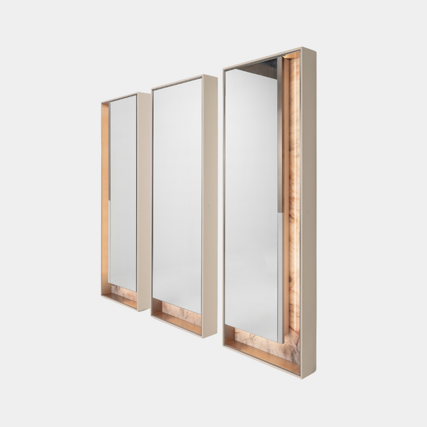 VISIONNAIRE Bartok Triptych Mirror by Alessandro La Spada - Luxury interior design mirror with adjustable panels, hidden storage, and rich marble frame, perfect for personalised decor.