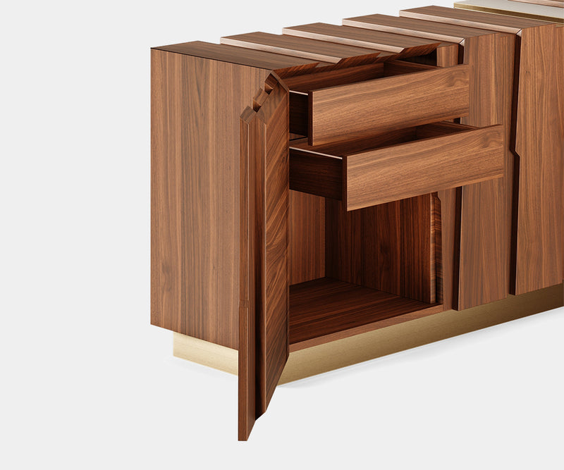 Crafted from Sustainable Walnut Veneer: The Gaia Sideboard with Contrasting Aged Brass Details.