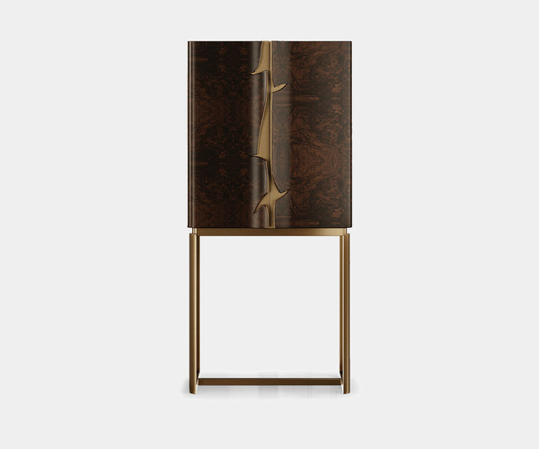 Verdure Cabinet: Luxurious Walnut Root Veneer Cabinet with Smoked Glass Doors and Aged Brass Accents.