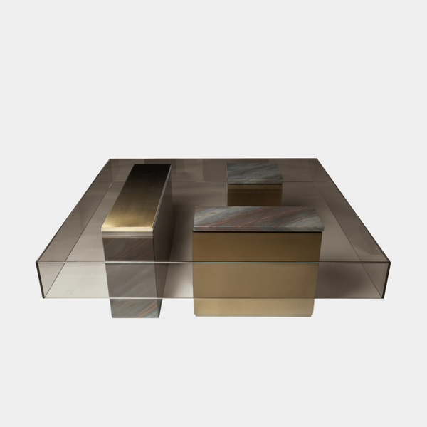 Visionnaire Marty Coffee Table: Luxurious modern coffee table featuring a sculptural base crafted from a combination of marble and satin stainless steel. The smoked crystal top adds a touch of sophistication, making this a statement piece for your living room.