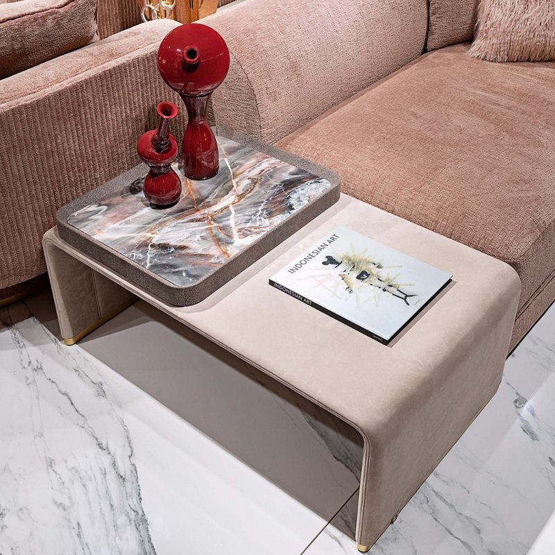 Luxury Living Room Furniture with Metal Accents: Elevate your living space with the Visionnaire Foster Coffee Table. This modern piece features a unique base, a partially marble top, and metal accents, all customizable to perfectly complement your existing décor.