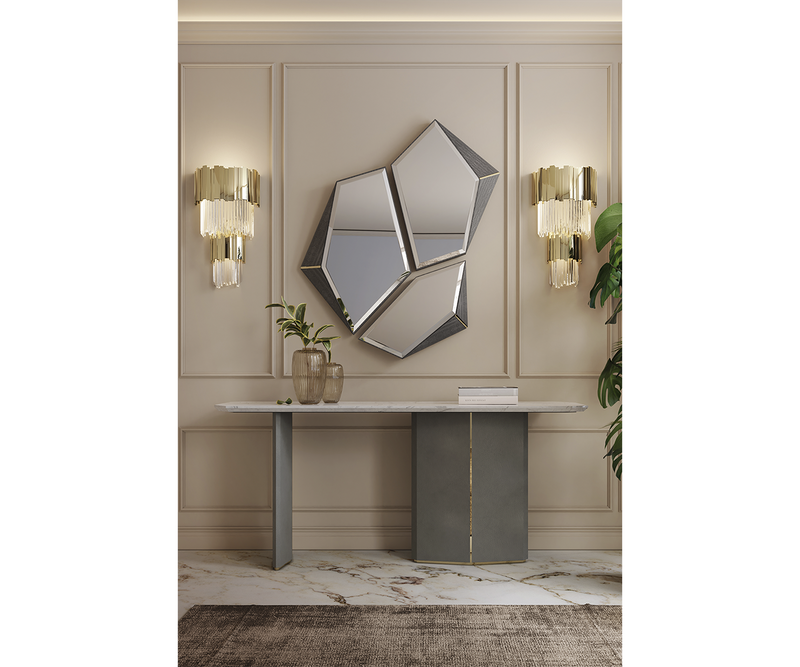 Designer mirror with smoked black glass, perfect for upscale interior decor.