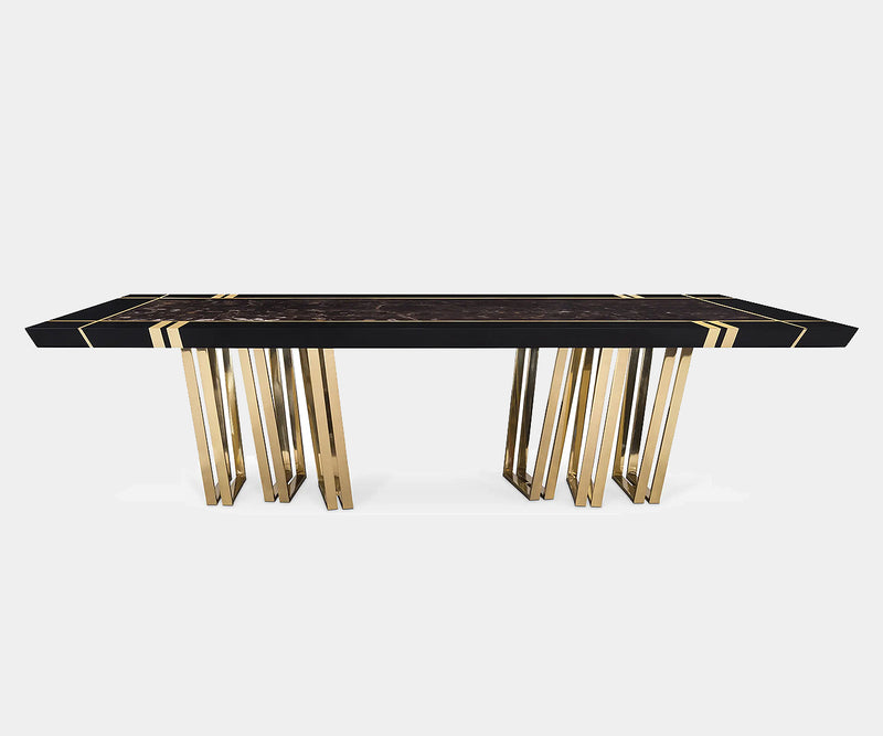 Apotheosis Luxury Dining Table with Emperador marble top, polished brass legs, and wood accents