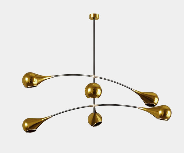 Illuminate Your Dining Room with the Arlo Mid-Century Modern Ceiling Lamp.  Elevate your dining experience with the Arlo ceiling lamp by Mezzo Collection. This exquisite luminaire features a playful, asymmetrical design in black metal and gold-plated brass, casting a warm and inviting glow over your dining table.