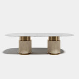 Ashford Oval Leather Base Luxury Dining Table: bianco Carrara marble top on a channelled ivory genuine leather base (Cat B) with metal rings