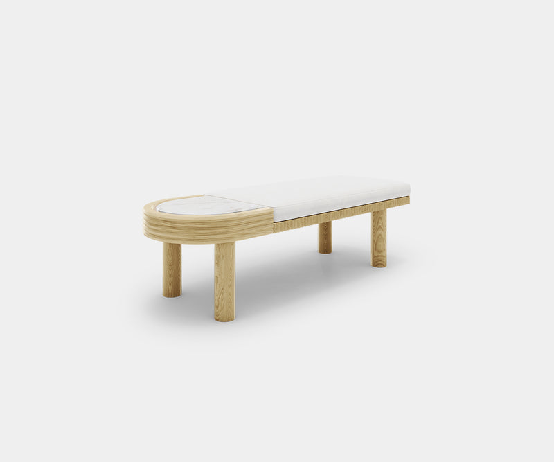 Modern Hallway Bench: The Avalon Features a Built-in White Estremoz Marble Table.