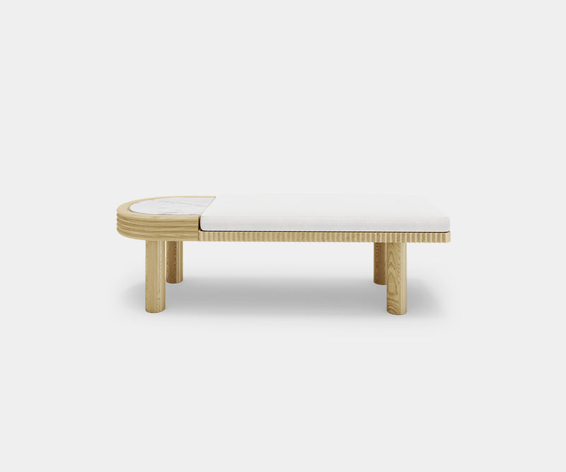 Avalon Luxury Cream Velvet Bench: Modern Design with Built-in Marble Table.