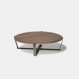 Belgrave Round Metal Base Luxury Coffee Table: matt walnut top with a metal base