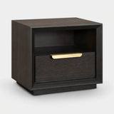 Berkeley Designs Aspen Bedside Table, coffee oak veneer with brushed brass handle, angled view