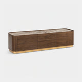 Berkeley Designs Brooklyn Media Unit, dark walnut veneer with ceramic top, angled view