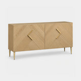 Berkeley Designs Burford Sideboard, natural oak with brass handles and feet, angled view