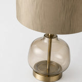 Berkeley Designs Lille Table Lamp, tinted glass and brushed brass with neutral shade, detail