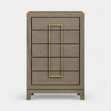 Berkeley Designs Lucca Tall Chest of Drawers, textured taupe grey oak veneer with brass handle