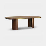 Berkeley Designs Malibu Dining Table, natural walnut veneer with brushed brass, angled view