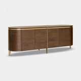 Berkeley Designs Malibu Sideboard, natural walnut veneer with brass legs, angled view