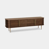Berkeley Designs Paris Media Unit, fluted natural walnut veneer with brass handles, angled view
