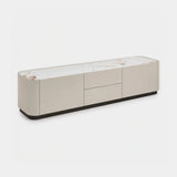 Berkeley Designs Shoreditch Media Unit, high gloss taupe with veined ceramic top and black plinth, angled view
