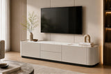 Berkeley Designs Shoreditch Media Unit, high gloss taupe with veined ceramic top and black plinth, room setting