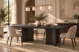 Berkeley Designs Sorrento Dining Table, textured brown oak veneer with geometric pedestal bases, room setting