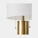 Berkeley Designs Toledo Table Lamp, brushed brass and clear crystal with white shade, angled view