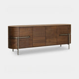 Berkeley Designs Vienna Sideboard, natural walnut veneer with brushed brass legs, angled view