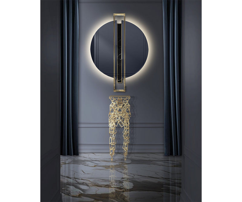 Timeless luxury mirror with a sleek design, combining polished brass and Nero Marquina marble.