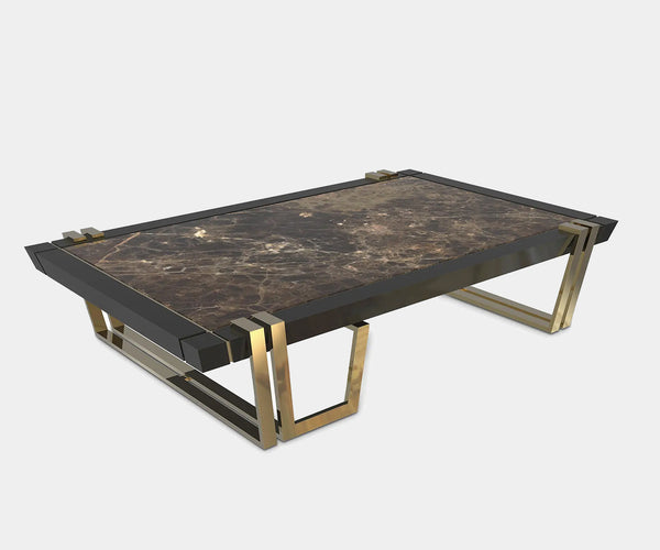 Noir Luminescence Center Table: A luxurious centerpiece featuring a black lacquer finish, gleaming brass base, and Emperador marble top.