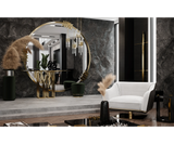 Nero Marquina Marble Meets Polished Brass: The Scarp Console: A modern masterpiece, the Scarp Console offers a captivating contrast between sleek black Nero Marquina marble and gleaming polished brass legs.