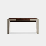 Calloway Hidden Mirror Luxury Console Table: matt dark wood veneer with taupe genuine leather sides (Cat B)