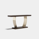 Carlisle Slim Metal Base Luxury Console Table: matt dark wood top and plinth with a polished metal base
