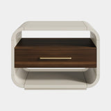 Casa Magna Simone Bedside Table, matt lacquer shell with a wood veneer drawer, available from Touched Interiors UK