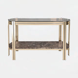 Castro Lighting Marie Console Table in polished brass with a marble shelf, available from Touched Interiors UK