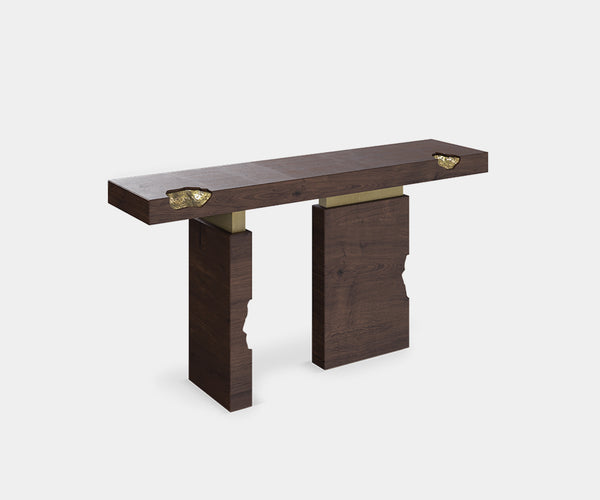 Caviar Console Table: Timeless design. Aged brass frame complements a modern living room interior.