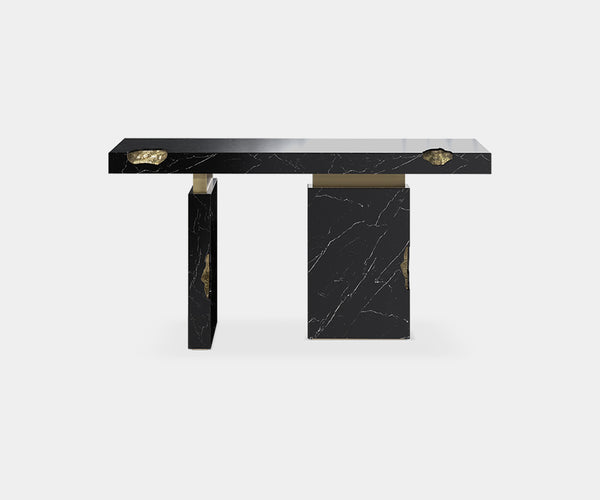 Caviar Console Table: Luxury fusion of Nero Marquina marble and aged brass. Perfect for modern entryways.