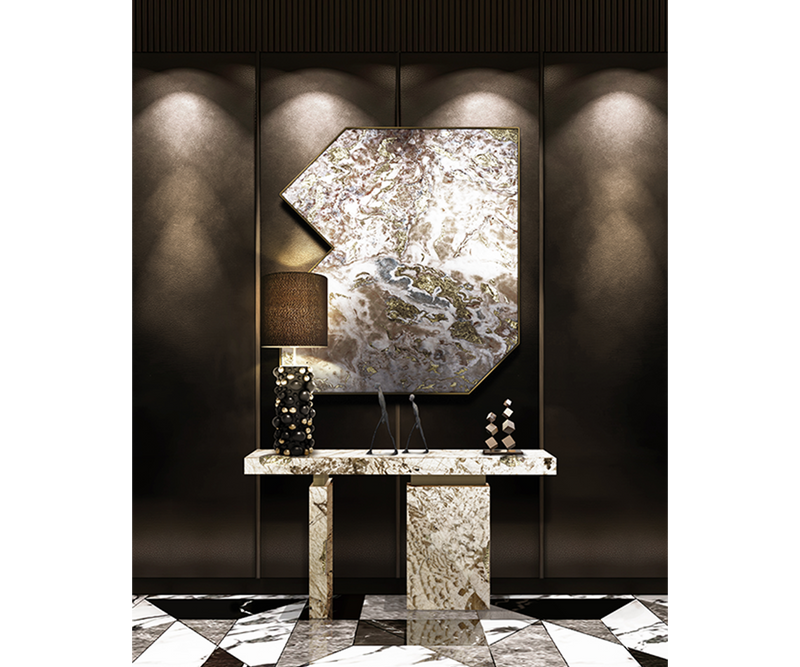 Caviar Console Table: Versatile storage solution for luxury interiors. Available in marble or ash wood top.