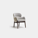 Celine Wooden Leg Luxury Dining Chair: light grey fabric seat with a taupe outer shell (Cat B) and dark wooden legs