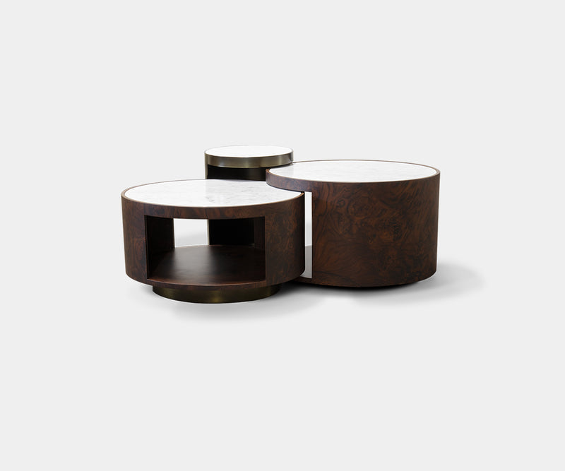 Cirque Modular Coffee Table: Carrara Marble Top & Walnut Base with Storage.