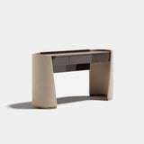 Colosseum Flip Top Mirror Luxury Console Table: taupe quilted genuine leather sides (Cat B Quilted) with a matt dark wood top