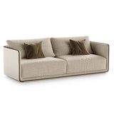 Aster Denning Sofa, moka oak stain matte wood and brushed brass, Rubelli Velvety, available from Touched Interiors UK