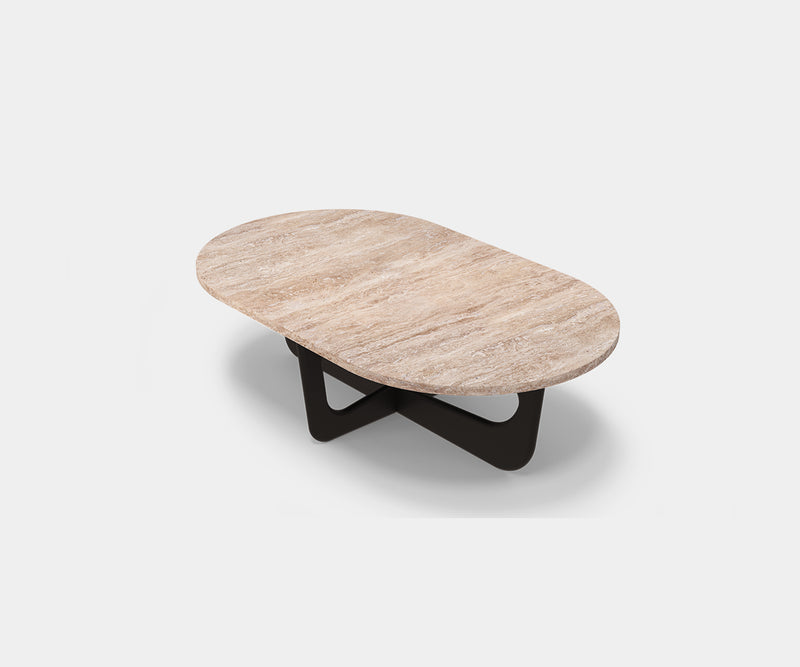 Designer Coffee Table: Grey Lacquered Steel Base Supports Luxurious Travertine Top.