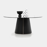 Ditre Italia Claire Dining Table, dark brown bonded leather base with clear glass top, front view