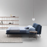 Kanaha Bed, navy fabric, wooden feet, front view