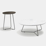 Ditre Italia Kevin Coffee Table, side table in dark wood and coffee table in white marble, black bases, front view